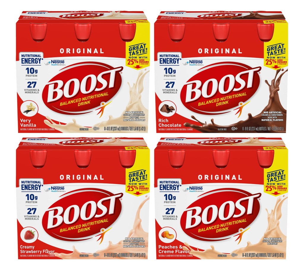 Picture of: BOOST Original Balanced Nutritional Drink Variety Pack,  Pack Very  Vanilla,  Pack Rich Chocolate,  Pack Creamy Strawberry,  Pack Peaches &  Creme,